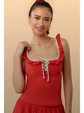 Blogilates Women's Ruffle Lace Up Tank Top - Red M
